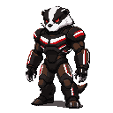 rampage badger: um reploid atarracado e robusto com armadura preta e marrom com listras brancas e vermelhas "berserk". ele tem garras de metal afiadas e uma cauda curta e pontiaguda. sua cabeça tem o padrão facial de teixugo-do-mel, mas com olhos vermelhos furiosos.
