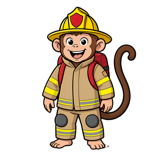 2D vector-style cartoon of a cute, happy monkey dressed as a firefighter, standing on two legs. The monkey has a big open-mouthed smile, large expressive eyes, and a long brown tail curling upwards behind him. He is wearing a yellow firefighter helmet with a red shield emblem on the front. His uniform is a tan beige turnout coat and pants with bright yellow reflective stripes bordered in grey on the sleeves, chest, jacket hem, and pant legs. He has dark grey knee pads and is wearing a red backpack tank with black shoulder straps. Bare monkey hands and bare monkey feet. Clean lines, cel shading, flat colors, thick black outlines, mascot logo style, solid black background, highly detailed