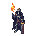 animacion spritesheet de andar y atacar para un esqueleto sin armadura solo portando una antorcha, una espada oxidada y unas telas rrotas como ropa