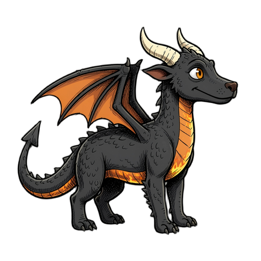 Character design of a young dragon for a 2D survival game. Hand-drawn gothic cartoon style: scratchy black ink outlines with uneven thickness, rough crosshatching for shadows, slightly crooked whimsical proportions, like a Tim Burton sketch, textured like pencil and ink on paper. Muted desaturated colors. The dragon: size of a large dog, big expressive head, one large amber eye with a slit pupil, charcoal-black scales, glowing ember-orange belly and throat, cream curved horns sweeping back, a single pair of bat-like wings folded on its back with orange membranes, long tail ending in a spade tip, small spikes along the spine. Full body, strict side view facing right, standing on four legs, neutral pose. Plain white background, no ground shadow, no text