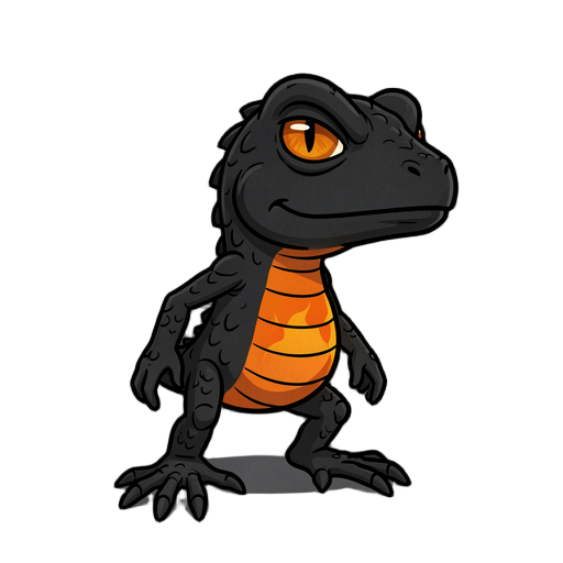 ink texture on old paper, dark whimsical mood like an eerie children's book. Spindly legs, slightly crooked exaggerated silhouette, big head. Reptilian lizard-like snout with no ears, one large amber eye with a thin slit pupil, a wary serious expression (not smiling). Charcoal-black scales, ember-orange glowing belly