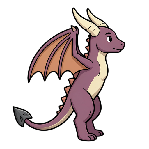 throat, cream horns curving backward. One pair of bat-like wings tightly FOLDED against its back. Long tail ending in a spade tip, small spikes along the spine.
Strict side view facing right, standing, neutral pose. Plain white background, no ground shadow, no text. High resolution.