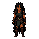 a full-body female dark fantasy dungeon adventurer and samurai swordswoman, designed as a memorable rpg character with a strong and readable silhouette.  adult woman with warm brown skin, deep blue eyes, very long messy black hair reaching far below her waist, naturally tangled and slightly unkempt 