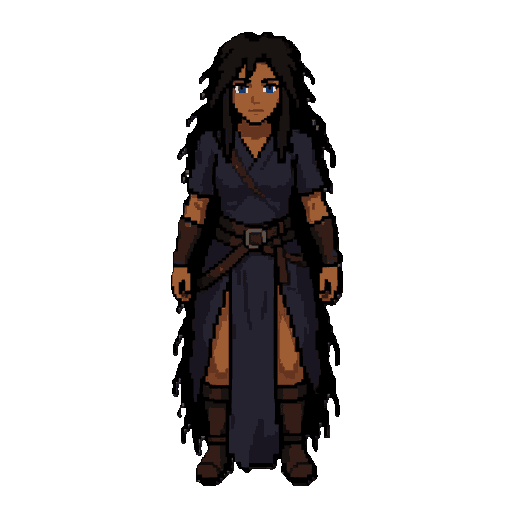 a full-body female dark fantasy dungeon adventurer and samurai swordswoman, designed as a memorable rpg character with a strong and readable silhouette.  adult woman with warm brown skin, deep blue eyes, very long messy black hair reaching far below her waist, naturally tangled and slightly unkempt 