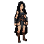 a full-body female fantasy swordswoman standing in a calm, upright and stable pose, facing slightly toward the viewer, with a quiet and composed expression.  she has very long black hair reaching well below her waist, slightly messy and naturally uneven, as if she has just woken up or has not bother