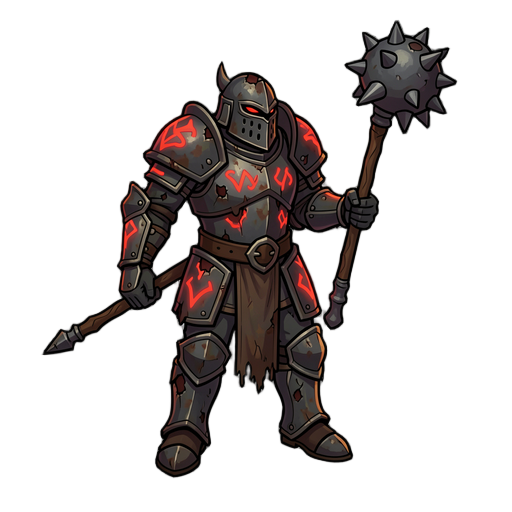 3/4 isometric 2D game , corrupted heretic knight, tarnished dark plate armor, glowing crimson runes, heavy iron flail, painterly medieval fantasy, isolated on solid white background