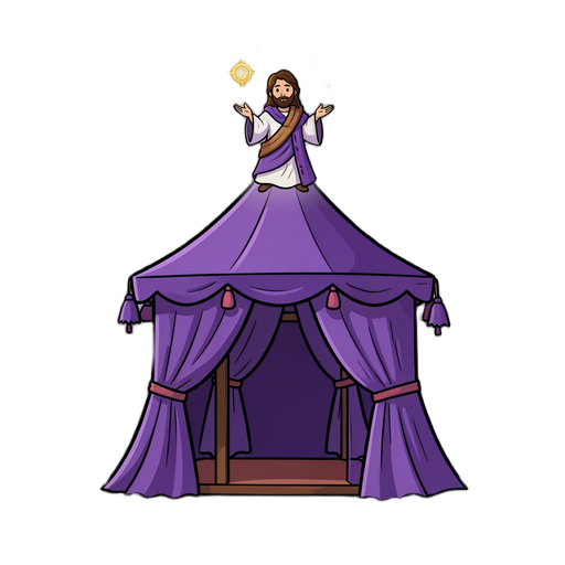 of a tenda casa/cabana/tenda mágica de bruca feiticeira, com cor predominate roxa e um cristão magico flutuando no topo