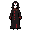mulher demoníaca em pixel art 2d, corpo inteiro, pele negra, cabelos pretos até os ombros, olhos vermelhos brilhantes, pequeno chifre vermelho no centro da testa, pintura facial branca em formato de caveira, manto longo preto e vermelho-escuro com mangas longas, sem capuz na cabeça