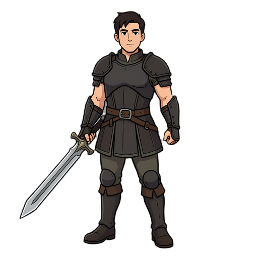 young male fantasy warrior: Short dark hair No helmet Light medieval armor Dark leather armor details Small shoulder armor Brown belt Dark boots Large sword Strong but agile RPG warrior appearance Clearly recognizable silhouette