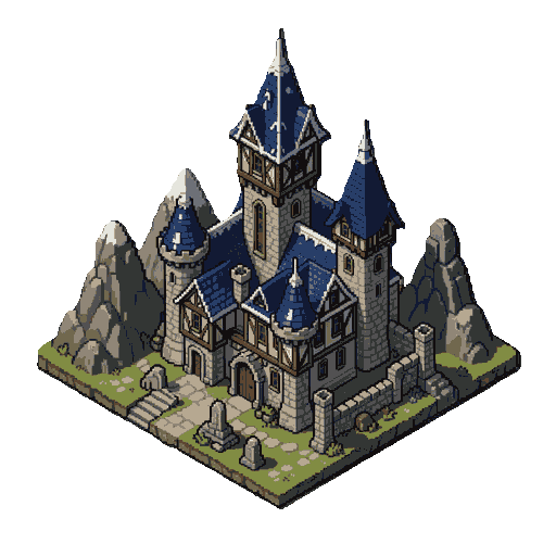 2D isometric medieval fantasy pixel , Vadronia style. Old Germanic stone-and-timber architecture, deep blue, silver and white accents, Morigan royal castle aesthetic, mountains and ancient mysterious ruins. Detailed but clean pixel , cohesive RPG tileset style, transparent background, game-ready