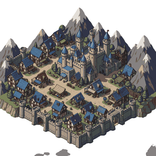 the city of Vadronia in the exact same isometric pixel- style as the reference castle. Large medieval fantasy capital built in a mountain valley, with the Morigan Castle dominating the city center. Dense stone-and-timber houses with blue roofs, winding organic streets, market square, shops, guild, noble district near the castle, poorer outer neighborhoods, defensive walls, towers, gates, bridges, trees and surrounding mountains. Deep blue, silver and white accents. Lived-in, beautiful medieval city, not symmetrical or grid-like. 2D isometric RPG pixel , same scale, perspective, detail and palette as reference