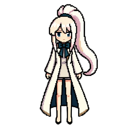 Personagem feminina em pixel estilo RPG/anime, corpo inteiro, vista topdown com leve sensação de perspectiva, centralizada sobre fundo cinza neutro. A personagem possui proporções estilizadas de : cabeça relativamente grande, tronco pequeno, pernas longas e finas, braços estreitos e silhueta elegante. O acabamento deve parecer realmente desenhado em baixa resolução, com pixels grandes e visíveis, contornos escuros em marrom-preto, sem suavização excessiva e sem aparência de pintura digital comum. A personagem possui pele clara e cabelo muito claro, entre loiro platinado, bege rosado e branco quente. O cabelo é comprido e volumoso, preso em um rabo de cavalo alto no topo da cabeça. O rabo de cavalo forma um volume arredondado para cima e para trás. Na base há um grande acessório ou laço em azul-petróleo muito escuro, quase preto. Parte do cabelo cai sobre os ombros, enquanto uma grande mecha lateral se estende para a direita da imagem, formando uma curva longa para cima na ponta. A fran