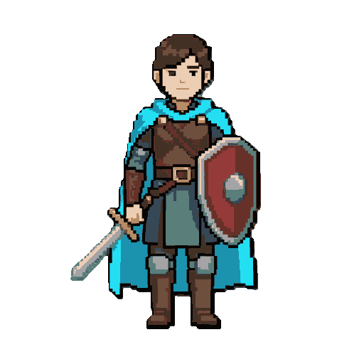 now level 3, sword + shield with a #717fff cape   