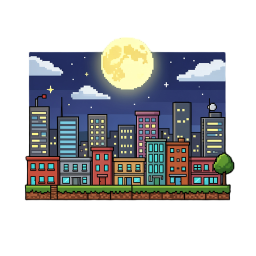 Crie uma cidade em 2d para um jogo plataforma bem fluido , uma pixelart de m cenario com uma cidade a noite a lua cheia
