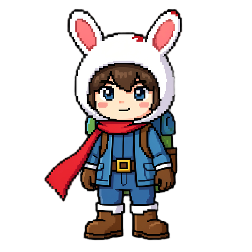 of a Use a imagem de referência como base e recrie o personagem com o máximo de fidelidade possível. Mantenha o mesmo estilo de pixel , proporções, pose, roupas, acessórios, cores e detalhes visuais da referência. Personagem: pequeno aventureiro em estilo pixel , com cabeça grande e corpo compacto. Pele clara, cabelo castanho-escuro curto com franja cobrindo parte da testa e olhos azuis. Cabeça: gorro branco grande e fofo com duas orelhas arredondadas de coelho, interior das orelhas rosa/vermelho-claro e pequenos detalhes vermelhos no topo. Roupa: camisa/casaco azul, cinto marrom com fivela quadrada amarela/dourada, calça azul, botas marrons grandes com partes brancas próximas aos tornozelos e luvas/mangas marrons. Acessórios: mochila nas costas, com detalhes verdes e azuis, e uma longa echarpe vermelha esvoaçando para o lado esquerdo. Manter também os pequenos detalhes e sombras presentes na roupa e nos acessórios. Estilo : pixel de videogame, pixels visíveis e bem definidos, contorno