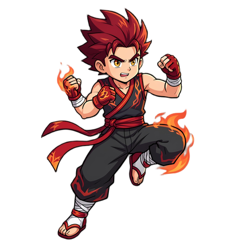 original 2D male RPG fighter character inspired by classic Korean/Japanese action RPG character design. Young male martial artist, energetic and confident personality, compact anime proportions with a slightly oversized head, large expressive eyes, and exaggerated hands and feet suitable for a 2D action game. He has wild, sharply spiked hair with a strong silhouette, predominantly deep crimson red with darker red shadows and a few warm orange highlights. His eyes are golden amber, expressive and determined. Outfit: sleeveless dark martial-arts vest with red and white details, loose black combat pants, red waist sash with long flowing fabric strips, reinforced fingerless fighting gloves, wrapped forearms, and oversized martial-arts shoes with white cloth wraps and red/orange armor details. The character fights only with his fists and kicks. No sword, no gun, no bow, no staff, no weapon. Give him a fast, acrobatic fighting style inspired by martial arts, with powerful punches, spinning k