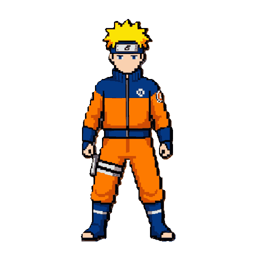 full body pixel art of naruto uzumaki, standing idle in a battle stance, bright orange and blue ninja jumpsuit, spiky yellow hair, headband, solid magenta background, 2d game sprite style