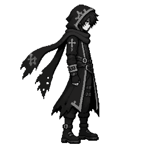 gothic attire male character facing right, long scarf and hood, anime styled