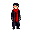 spritesheet of a male main character with a long red scarf and black hair, red framed glasses, gothic clothing