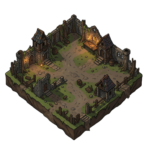 isometric fantasy world viewed from above, continuous-looking terrain without a visible tile grid, dark, decaying medieval fantasy world, abandoned and slightly decadent, not horror and not a zombie game, stylized game-art look rather than realistic graphics