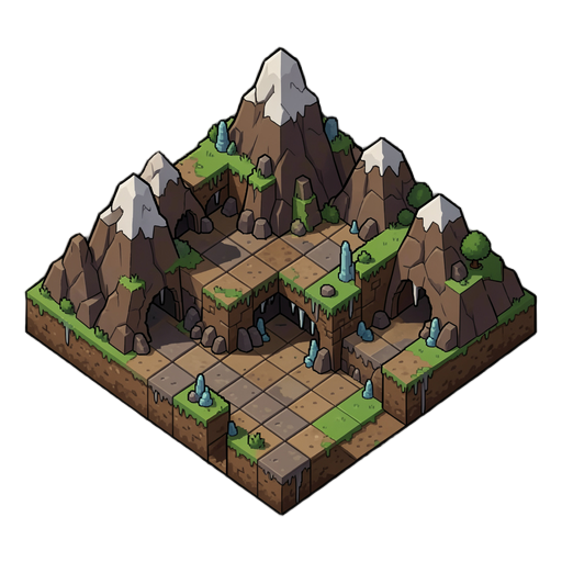 Montanhas com topo rochoso e penhascos; cavernas com pisos, paredes, entradas, rochas, estalactites e estalagmites. Tiles modulares e reutilizáveis em 32×32 pixels, perfeitamente alinhados em uma grade. Para elevações, criar topo, bordas, cantos, paredes, penhascos, bases e transições de altura. Perspectiva 3/4 top-down elevada, coerente com personagens jogáveis de 32×32. Pixel art refinada e profissional, desenhada diretamente em baixa resolução, com pixels nítidos, clusters de pixels pequenos e bem organizados, volumes claros, iluminação consistente, sombras em blocos refinadas e paleta limitada porém rica em variações. Visual adulto, sério, medieval e levemente sombrio; evitar aparência infantil, fofa, chibi, anime, cartoon ou visual excessivamente simplificado. Mesma escala percebida, proporção, perspectiva, densidade de detalhes, contraste, acabamento e linguagem de pixel art dos personagens fornecidos, sem copiar nenhum personagem, sprite ou recurso existente. Todos os elementos 