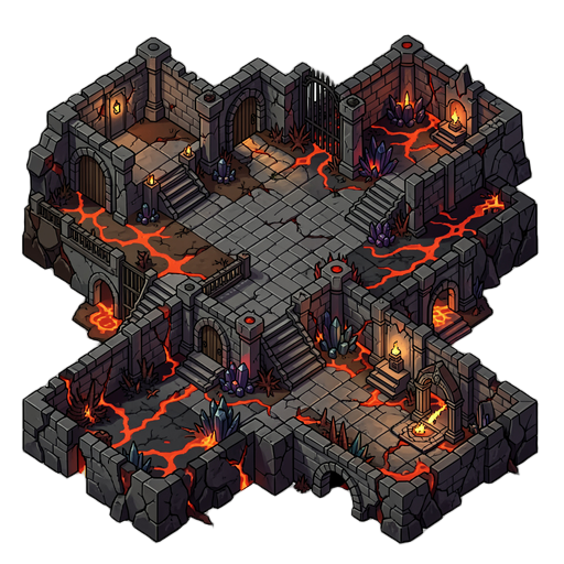 Dungeons medievais com pisos de pedra, paredes, corredores, portas, arcos, pilares, grades, escadas e rachaduras; dungeons demoníacas com pedra negra, obsidiana, lava, terreno corrompido, espinhos, correntes, altares e arquitetura infernal. Tiles modulares e reutilizáveis em 32×32 pixels, perfeitamente alinhados em uma grade. Criar centro, bordas, cantos, transições e variações necessárias para formar áreas contínuas. Para elevações, criar topo, bordas, cantos, paredes, penhascos, bases e transições de altura. Perspectiva 3/4 top-down elevada, coerente com personagens jogáveis de 32×32. Pixel art refinada e profissional, desenhada diretamente em baixa resolução, com pixels nítidos, clusters de pixels pequenos e bem organizados, volumes claros, iluminação consistente, sombras em blocos refinadas e paleta limitada porém rica em variações. Visual adulto, sério, medieval e levemente sombrio; evitar aparência infantil, fofa, chibi, anime, cartoon ou visual excessivamente simplificado. Mesma