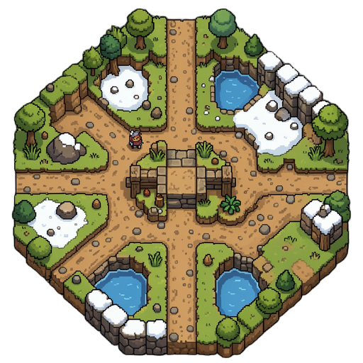 Grama, terra, lama, areia, pedra, neve, água, pântano, caminhos de terra e pedra. Tiles modulares e reutilizáveis em 32×32 pixels, perfeitamente alinhados em uma grade; criar centro, bordas, cantos, transições e variações necessárias para formar áreas contínuas. Perspectiva 3/4 top-down elevada, coerente com personagens jogáveis de 32×32. Pixel art refinada e profissional, desenhada diretamente em baixa resolução, com pixels nítidos, clusters de pixels pequenos e bem organizados, volumes claros, iluminação consistente, sombras em blocos refinadas e paleta limitada porém rica em variações. Visual adulto, sério, medieval e levemente sombrio; evitar aparência infantil, fofa, chibi, anime, cartoon ou visual excessivamente simplificado. Mesma escala percebida, proporção, perspectiva, densidade de detalhes, contraste, acabamento e linguagem de pixel art dos personagens fornecidos, sem copiar nenhum personagem, sprite ou recurso existente. Todos os elementos devem parecer pertencer ao mesmo M