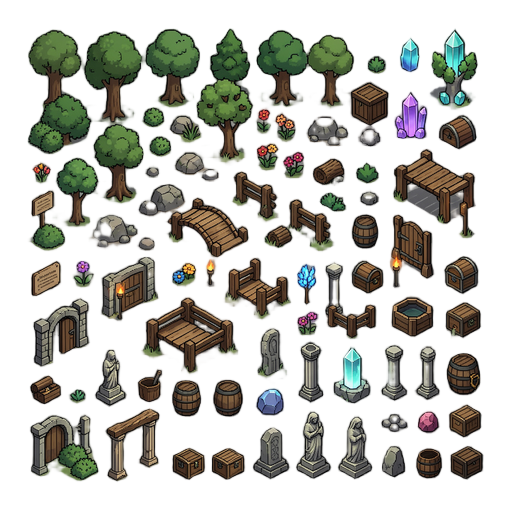 Elementos modulares de mapa: árvores, arbustos, flores, pedras, troncos, pontes, cercas, portões, portas, baús, poços, placas, tochas, barris, caixas, colunas, estátuas, cristais, minérios e pequenos objetos decorativos. Assets modulares e reutilizáveis em 32×32 pixels, perfeitamente alinhados em uma grade. Perspectiva 3/4 top-down elevada, coerente com personagens jogáveis de 32×32. Pixel art refinada e profissional, desenhada diretamente em baixa resolução, com pixels nítidos, clusters de pixels pequenos e bem organizados, volumes claros, iluminação consistente, sombras em blocos refinadas e paleta limitada porém rica em variações. Visual adulto, sério, medieval e levemente sombrio; evitar aparência infantil, fofa, chibi, anime, cartoon ou visual excessivamente simplificado. Mesma escala percebida, proporção, perspectiva, densidade de detalhes, contraste, acabamento e linguagem de pixel art dos personagens fornecidos, sem copiar nenhum personagem, sprite ou recurso existente. Todos o