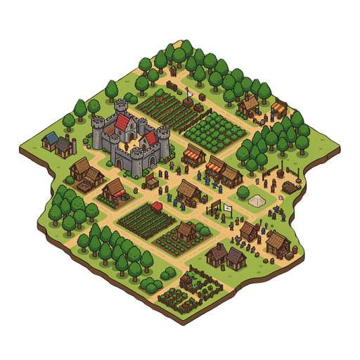 mapa medieval em pixel art, visão de cima, com feudo inicial, castelo, vila, mercado, igreja, plantações, floresta, estradas, outros feudos e áreas de batalha