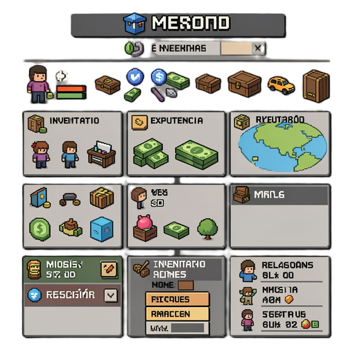interface simples e bonita em pixel art mostrando vida, dinheiro, experiência, reputação, inventário, missões e nome do personagem, com menus para inventário, missões, mapa, relacionamentos e status do personagem