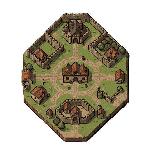 crie uma imagem de um mapa de um feudo medieval fictício para um rpg 2d em pixel art chamado “caminho do renascimento”.  a imagem deve representar uma região medieval vista de cima, como um mapa explorável de um jogo de rpg.  estilo: - pixel art medieval de alta qualidade. - visão superior/top-down.