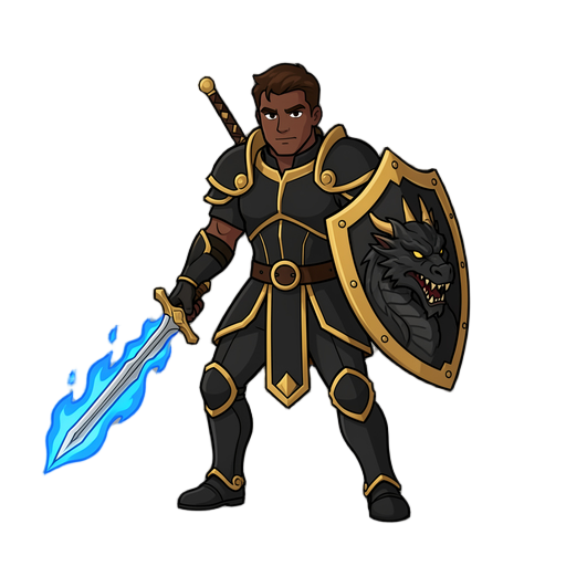 of a warrior in black armor with gold accents, wielding a sword and shield; the shield features a dragon's face, the sword is wreathed in blue flames, and he has a dark complexion, brown hair, and a scabbard on his back