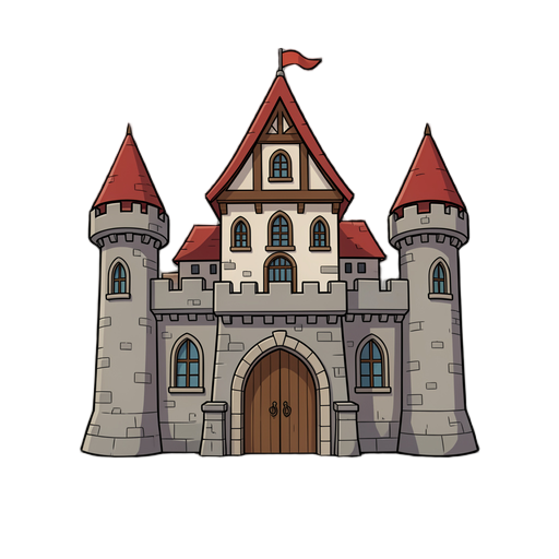 Crie SOMENTE um castelo em 2D para o meu jogo. O castelo deve ser o único elemento criado. Não adicione mapa, chão, grama, árvores, pedras, personagens, objetos, caminhos ou qualquer outro cenário. Quero um castelo medieval em estilo 2D, visto de frente, com aparência de jogo. Ele deve ter: * Uma construção principal grande; * Torres medievais nas laterais; * Muros de pedra; * Uma grande entrada central; * Portão de madeira; * Janelas e detalhes medievais; * Telhados das torres; * detalhado, mas adequado para um jogo 2D. IMPORTANTE: entregue apenas o CASTELO como um elemento separado. O fundo deve ser transparente ou vazio. Não crie nenhuma parte do cenário ao redor do castelo