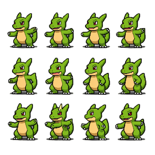 create a retro 2d pixel art sprite sheet of agumon, designed for a classic mmorpg / otserver-style game.  important sprite requirements: - exactly 8 animation frames. - each individual frame must be exactly 64x64 pixels. - arrange all 8 frames in a single horizontal row. - final sprite sheet size: e