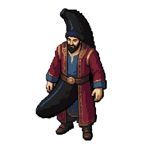 high-quality, detailed pixel art character sprite of a powerful persian noble from the safavid era, named mirza gholi khan. the perspective is a strict isometric viewpoint (angled from above), common in classic 16-bit rpg games. he has an extremely exaggerated, massive, and thick black 'banana-peel'