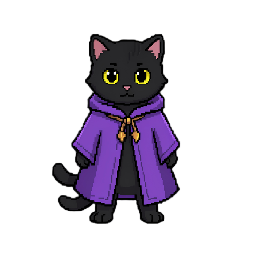 16-bit pixel art sprite of a cute black cat wearing a wizard's purple cloak