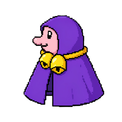 a tiny pink nose. The purple cloak is fastened with a round yellow golden bell collar. Retro 2D game sprite, clean pixel lines, plain white background.