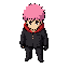 create yuji itadori from jujutsu kaisen as a classic tibia/grand line adventures mmorpg pixel-art sprite, with pink spiky hair, black uniform and red hood. generate only one 48×48 pixel frame, using the classic top-down/three-quarter game perspective, crisp pixels, consistent proportions and transpa
