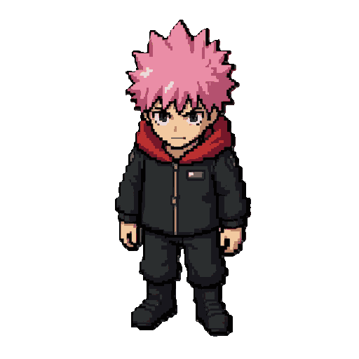 create yuji itadori from jujutsu kaisen as a classic tibia/grand line adventures mmorpg pixel-art sprite, with pink spiky hair, black uniform and red hood. generate only one 48×48 pixel frame, using the classic top-down/three-quarter game perspective, crisp pixels, consistent proportions and transpa