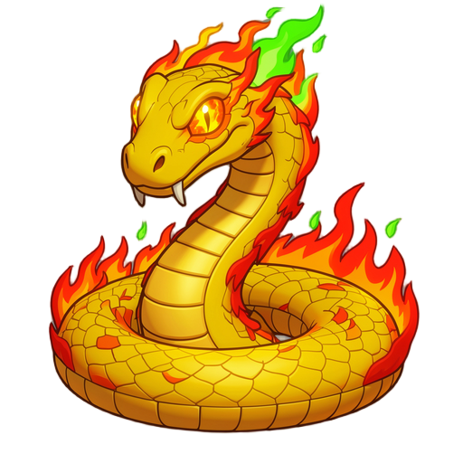 Colossal ancestral fire serpent Boitatá, enormous serpent, yellow, orange and red fire, occasional green flame, enormous glowing ember eyes, ancient mythical presence