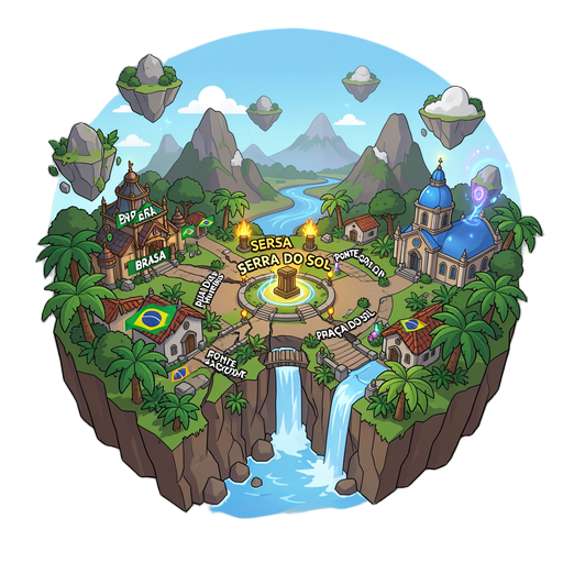 SERRA DO SOL, a stylized Brazilian fantasy village arena broken apart by Brasa, with Rua das Bandeiras, Praça do Sol and its neutral objective altar, Ponte da Cachoeira crossing a ravine, waterfall, tropical vegetation, magical floating rocks, distant mountains, floating islands, sky river, blue-domed church, alternate routes, cover and tactical chokepoints