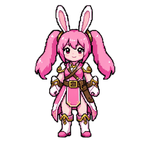 cute pink rabbit-girl novice, twin-tail pink hair, long bunny ears, pink-white fantasy outfit, brown leather belts, gold details. authentic crisp pixel art, full body, front view, 64x64 game sprite, transparent background, no text, no extra characters.