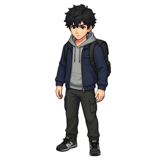 # PROMPT — IFMS 3D GAME CHARACTER

Create a high-quality, fully modeled and textured 3D male college student character for a cinematic isometric mystery and survival-horror video game.

**IMPORTANT: Use the provided reference images as the primary visual source. Reproduce the character's facial features, hairstyle, clothing, body proportions, silhouette and colors as faithfully as possible.**

## CHARACTER APPEARANCE

An 18–22-year-old male computer science student with a stylish semi-realistic anime-inspired appearance.

He has messy, voluminous, layered dark-black hair with naturally sculpted individual locks, expressive dark-brown eyes, detailed eyebrows, a youthful but believable facial structure, realistic ears, a defined nose and a subtle neutral expression.

His proportions must be anatomically believable, with a natural neck, shoulders, torso, hands, arms, hips, knees and legs.

The character should look like a professionally designed protagonist from a premium indie adventure 