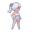 1girl,solo, full body, cinderella (nikke), hair ornament, red eyes, white long hair, twintails, hair over one eye, white turtleneck, clothing cutout, cleavage cutout, armpit cutout, white bodysuit, narrow waist, large hips, large breasts