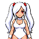 1girl,solo, cinderella (nikke), hair ornament, red eyes, white long hair, twintails, hair over one eye, white turtleneck, clothing cutout, cleavage cutout, armpit cutout, white bodysuit, narrow waist, large hips, large breasts