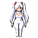 1girl,solo, full body, cinderella (nikke), hair ornament, red eyes, white long hair, twintails, hair over one eye, white turtleneck, clothing cutout, cleavage cutout, armpit cutout, white bodysuit, narrow waist, large hips, large breasts