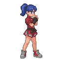 pixel art full body sprite sheet of a cute anime girl martial artist. wearing a short qipao with shorts, fingerless gloves, and high-top sneakers. blue ponytail, determined expression. 1990s anime style, ready for action. 16-bit color.