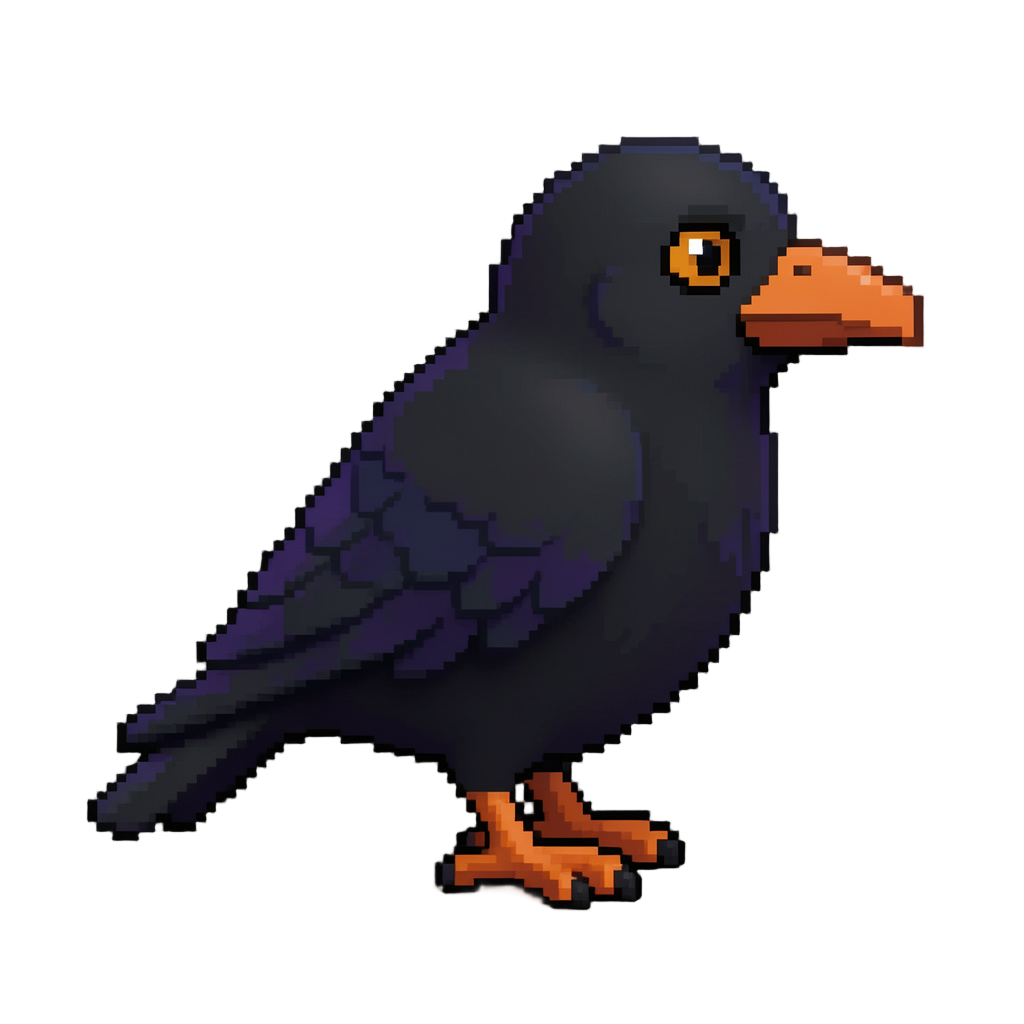 single mischievous black crow character for Kill Farm, a 2D indie action platformer. STYLE: Soft pixel at a true 48x48 pixel resolution. Charming, rounded pixel shapes, carefully clustered pixels, a cohesive limited color palette, gentle tonal transitions made with discrete pixel clusters, and subtle 3D-like volume created through pixel shading. Soft appearance without blur. Clearly visible pixel structure and crisp pixel boundaries. CHARACTER: A clever, cheeky black crow with a compact rounded body, expressive amber eye, dark orange beak, small orange feet, a recognizable tail, and broad feathered wings. Charcoal-black feathers with restrained navy-blue and violet highlights. Playful and slightly troublesome personality. VIEW: Strict side profile, facing right. Full body visible. Natural standing pose with wings folded. Fixed orthographic 2D perspective. 48x48 DESIGN: Design specifically for a 48x48 pixel canvas. The silhouette must remain readable at native resolution. Use economical