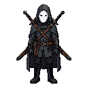 of a Full-body 2D game character of a mysterious male Aetherpunk assassin, standing in a neutral idle pose, facing forward. Dark medieval fantasy mixed with subtle steampunk technology and Victorian-era aesthetics. Wearing a dark gray hooded cloak with the hood raised, obscuring the head, fitted dark clothing, black trousers, and rugged black leather boots. A smooth, completely white porcelain mask covers the entire face, with NO mouth, NO nose, NO facial features, and only two narrow, sharply angled black eye slits creating an intimidating expression. Two long assassin swords are sheathed in separate scabbards mounted diagonally across his back in an X-shaped configuration, with both sword handles clearly visible above his shoulders. Leather straps and belts secure the swords to his back. Slim athletic physique, agile silhouette, practical assassin equipment, subtle metallic Aetherpunk details, dark and desaturated color palette, highly readable silhouette, detailed pixel , consistent