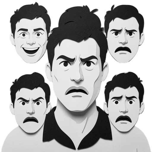 make me a character2d face facing towards the camera, make diffrent swapable part of the face, and 5 states, natural, happy, sad, angry, afraid, so make 5 mouthes or 5 eyes repesresnting the states and so on, make it in ablack an white style of a cutout that still shows the edges of the white paper 